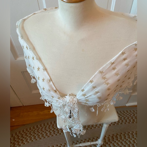 3 for $15! Light triangle scarf with Gold star motif. Crocheted lace details. - Picture 8 of 11